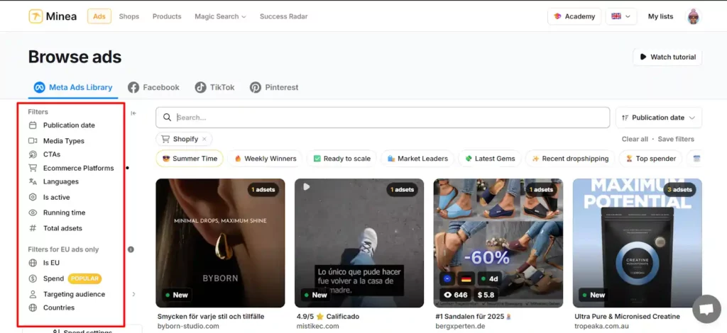 How to Combine Minea + Meta Ads Library for Competitor Research 3 Minea Ads Library
