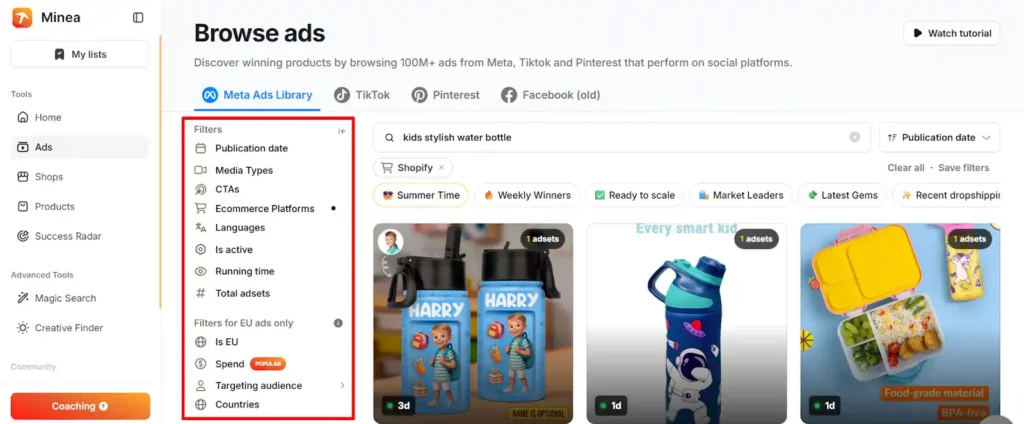 Minea for Agencies: Fast Competitor Ad Tracking Across Social Media 5 Minea Ads Filtering