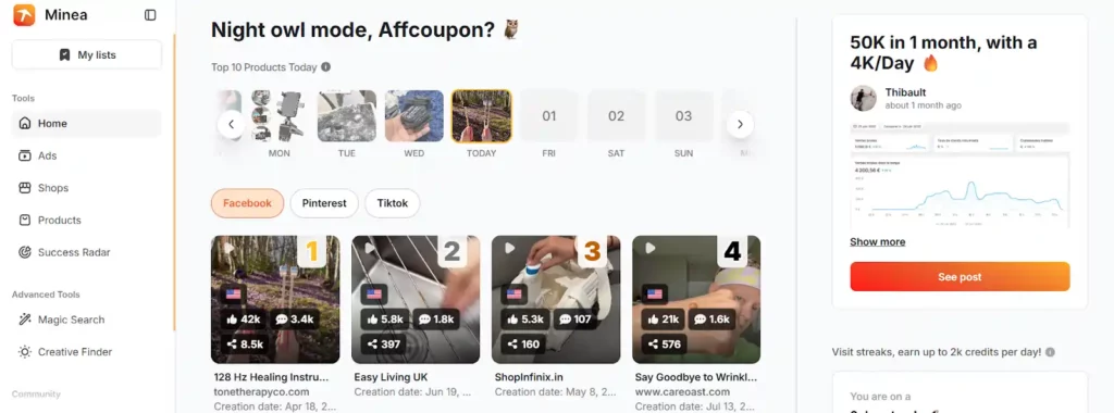 Minea for Agencies: Fast Competitor Ad Tracking Across Social Media 2 Minea for Agencies