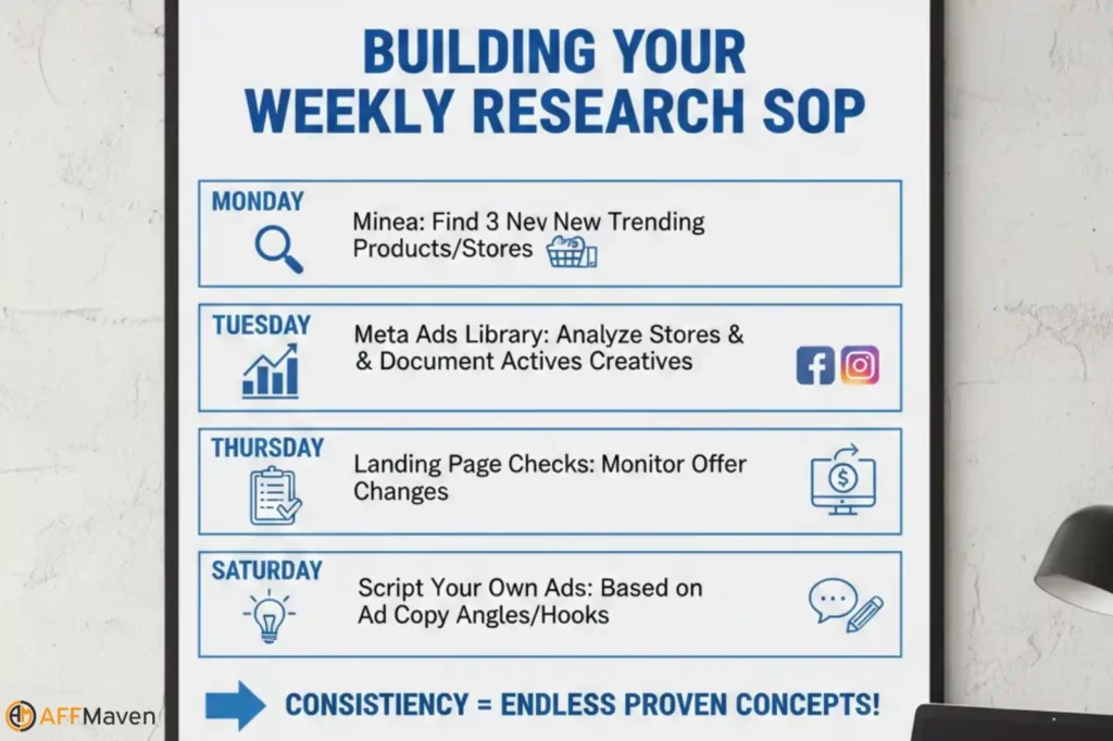 How to Combine Minea + Meta Ads Library for Competitor Research 8 Weekly ads research workflow for Facebook products